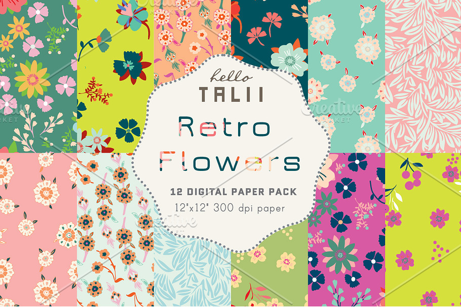 Retro Flowers Digital Paper in Patterns - product preview 8