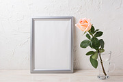 Silver frame mockup with pink rose