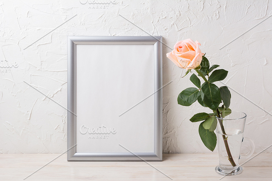 Silver frame mockup with pink rose in Print Mockups - product preview 8