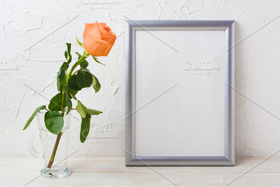 Silver frame mockup with orange rose in Print Mockups - product preview 8