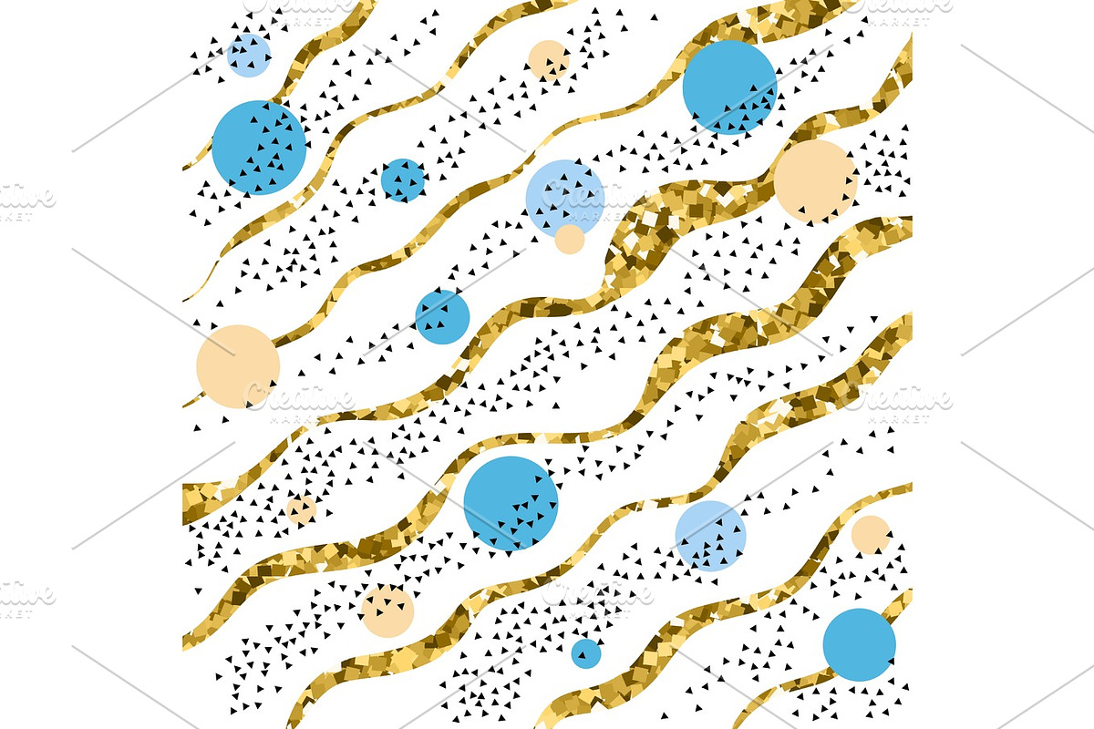 Seamless pattern with golden curved lines, beige and blue spheres in Illustrations - product preview 8