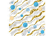 Seamless pattern with golden curved lines, beige and blue spheres