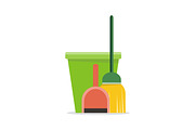 Web Banner Bucket, Duster, Broom and Dustpan Icon.