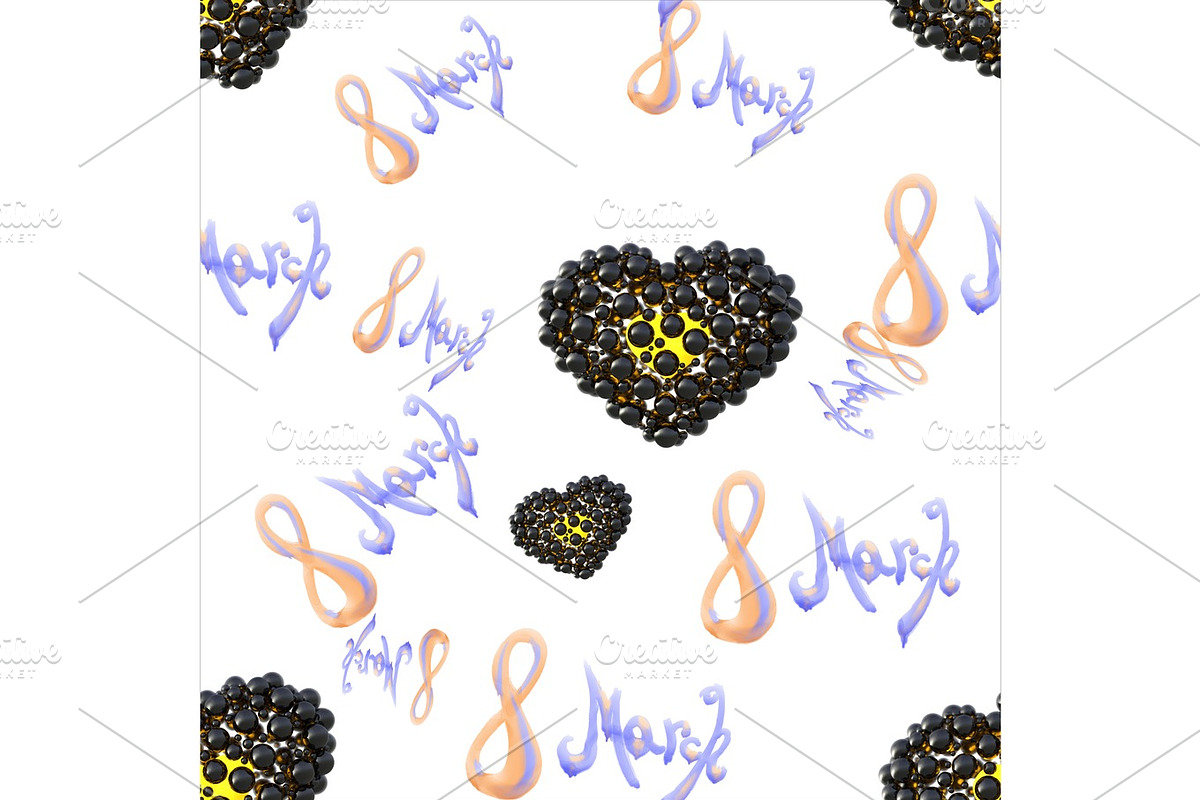 8 march watercolor lettering word isolated on white background with hearts. Happy womans day seamless design pattern. 3d illustration in Illustrations - product preview 8