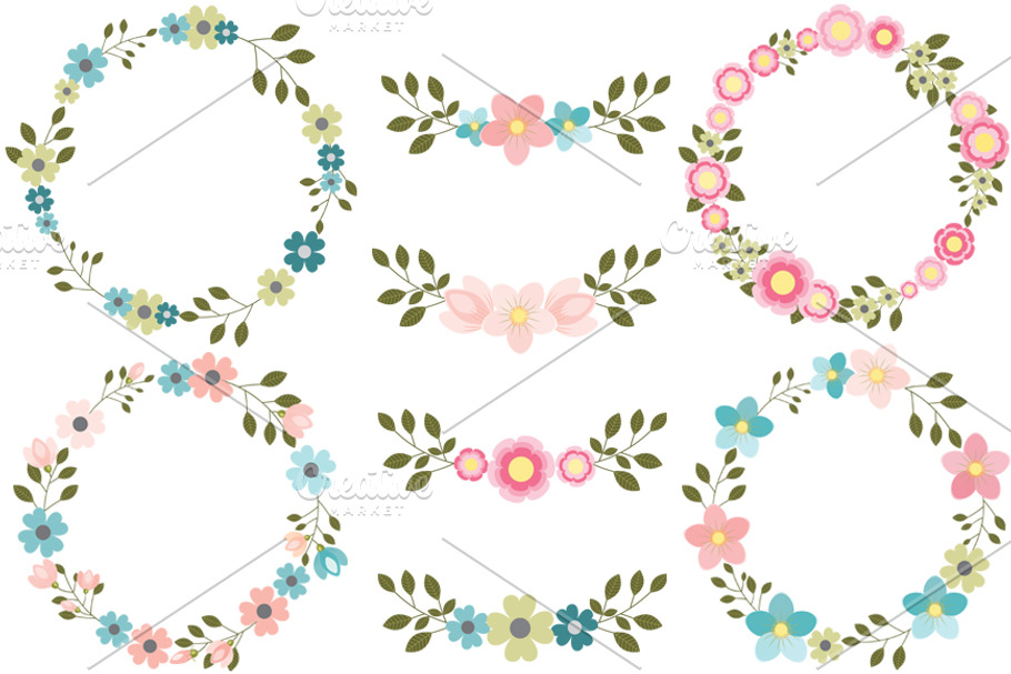Pink and blue floral wreath clipart