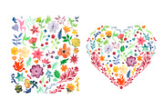 Flowers and leaves watercolor set