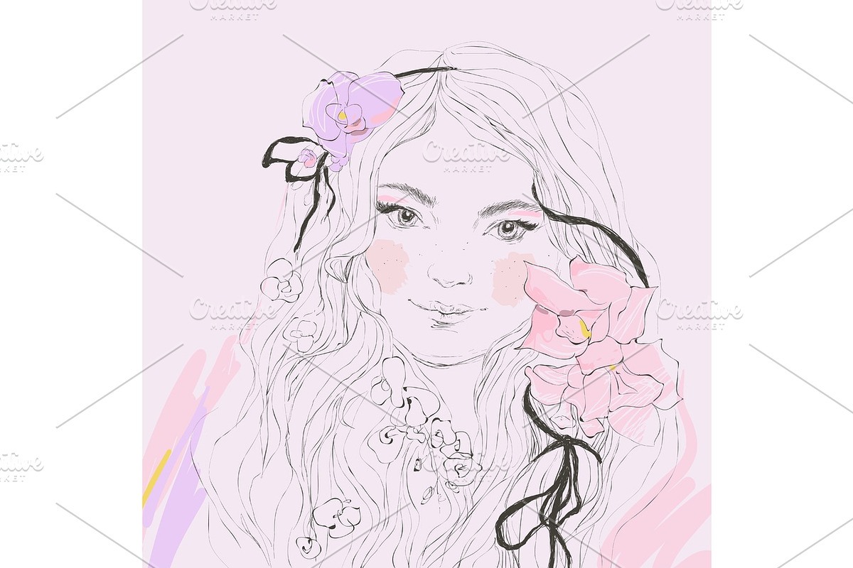 Vector portrait of beautiful woman with flowers in Illustrations - product preview 8