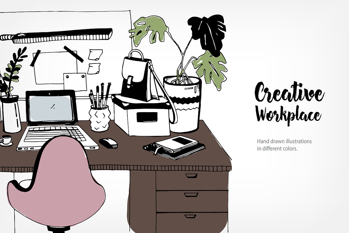 Modern workplace in sketch style. in Illustrations - product preview 8