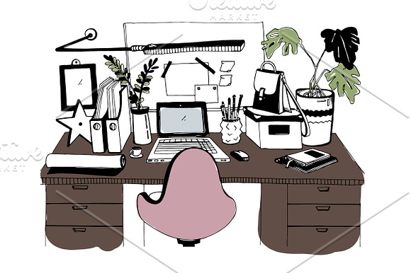 Modern workplace in sketch style. in Illustrations - product preview 1