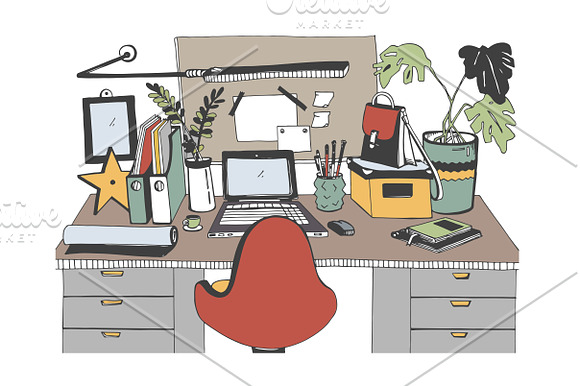Modern workplace in sketch style. in Illustrations - product preview 2