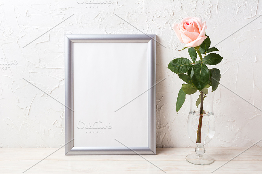 Silver frame mockup with pink rose in Print Mockups - product preview 8