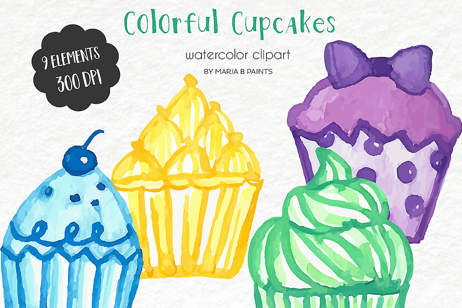 Watercolor Clip Art - Color Cupcakes