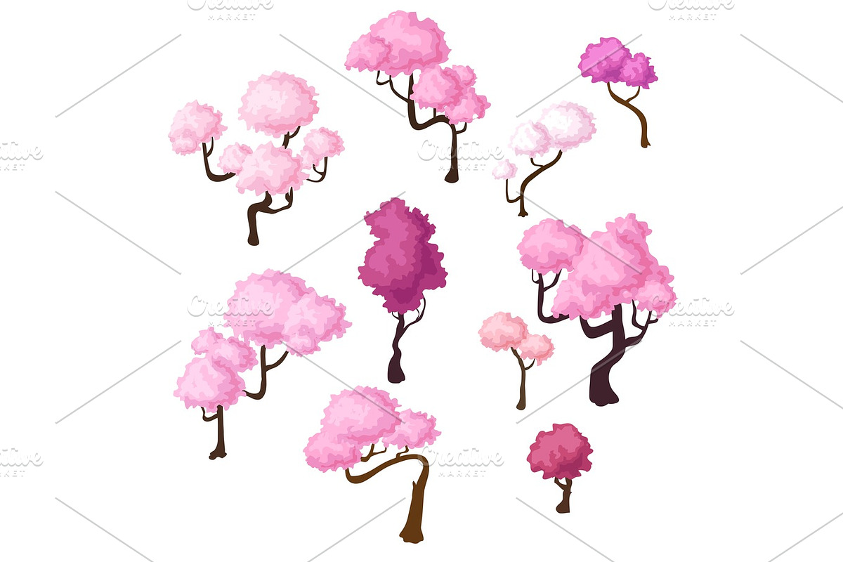 Set of isometric sakura trees, bluming cherry in Illustrations - product preview 8