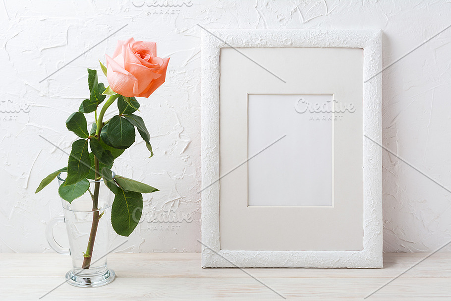 White frame mockup with pink rose in Print Mockups - product preview 8