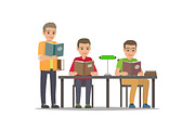 Student Reading Textbook in Library Flat Vector 