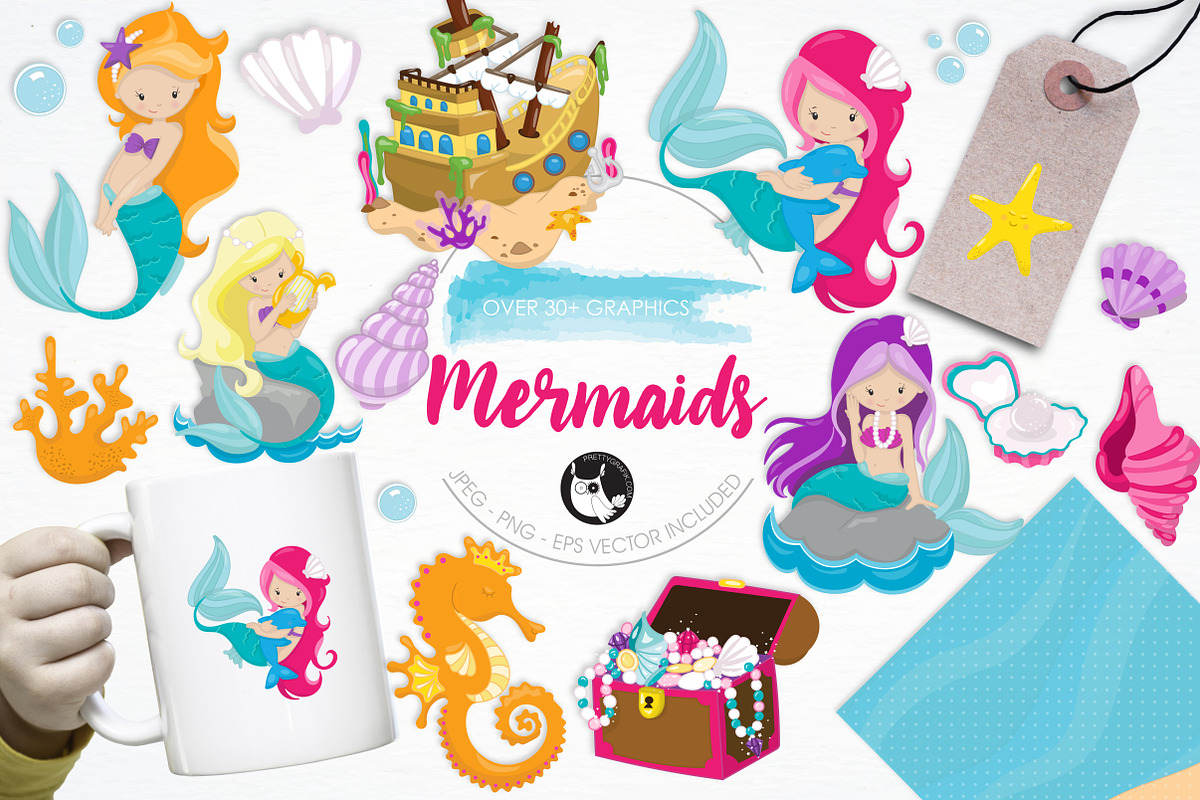 Mermaid illustration pack in Illustrations - product preview 8