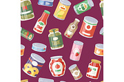 Collection of various tins canned goods food metal container seamless pattern background