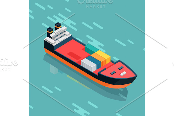 Container or Cargo Ship Sailing in the Sea. Vector
