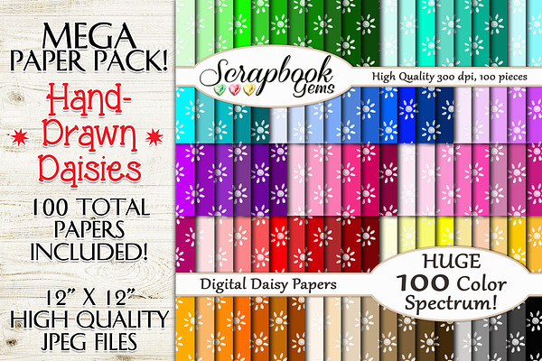 100 Colors Hand-Drawn Daisies Papers