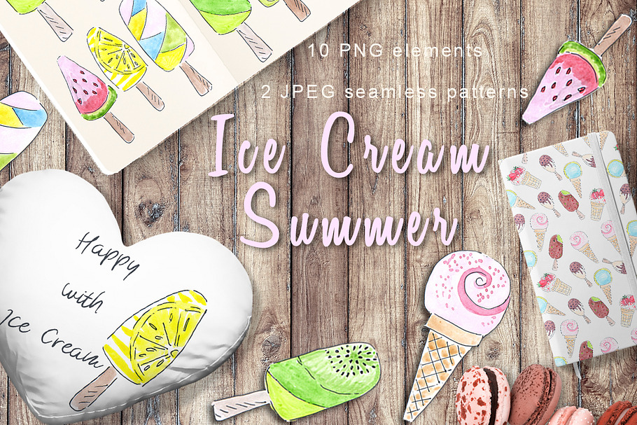 ICE CREAM SUMMER watercolor set in Illustrations - product preview 8