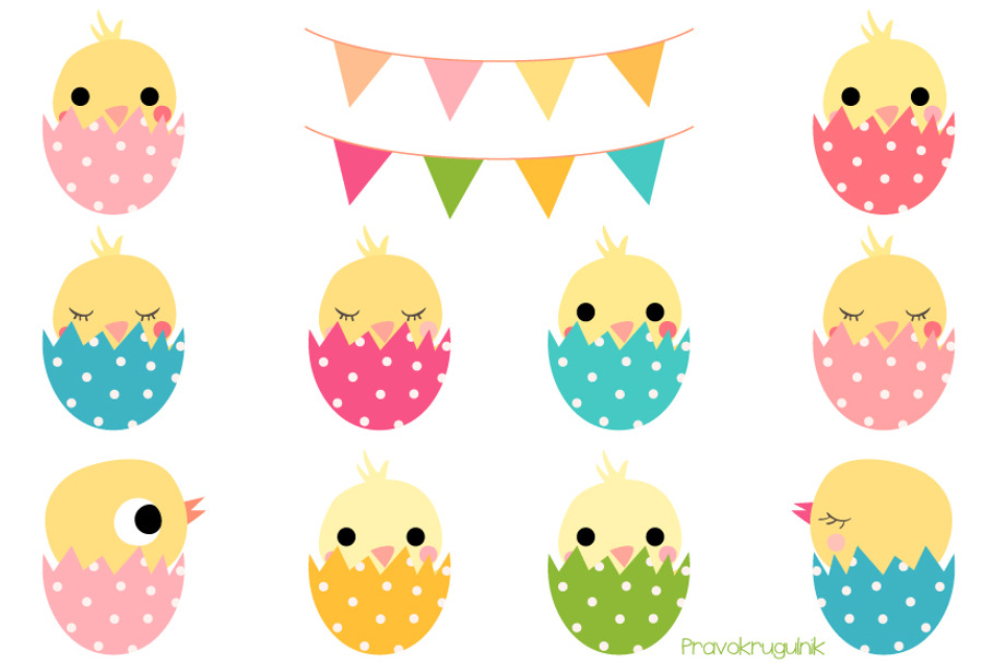 Cute Easter chickens in eggs clipart