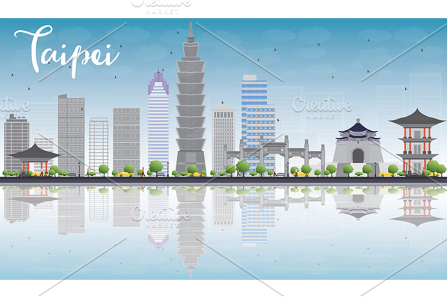 Taipei skyline with gray landmarks in Illustrations - product preview 8