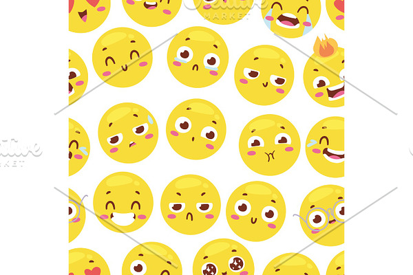 Seamless pattern with cheerful happy smileys for textiles interior or book design and funny character website yellow expression background vector illustration