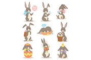 Happy rabbit cartoon character cheerful mammal holiday art hare with basket and cute easter bunny with eggs funny gray animal vector illustration.