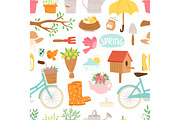 Spring natural floral symbols with blossom gardening tools seamless pattern background