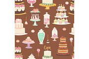 Cakes cartoon style seamless pattern vector illustration.