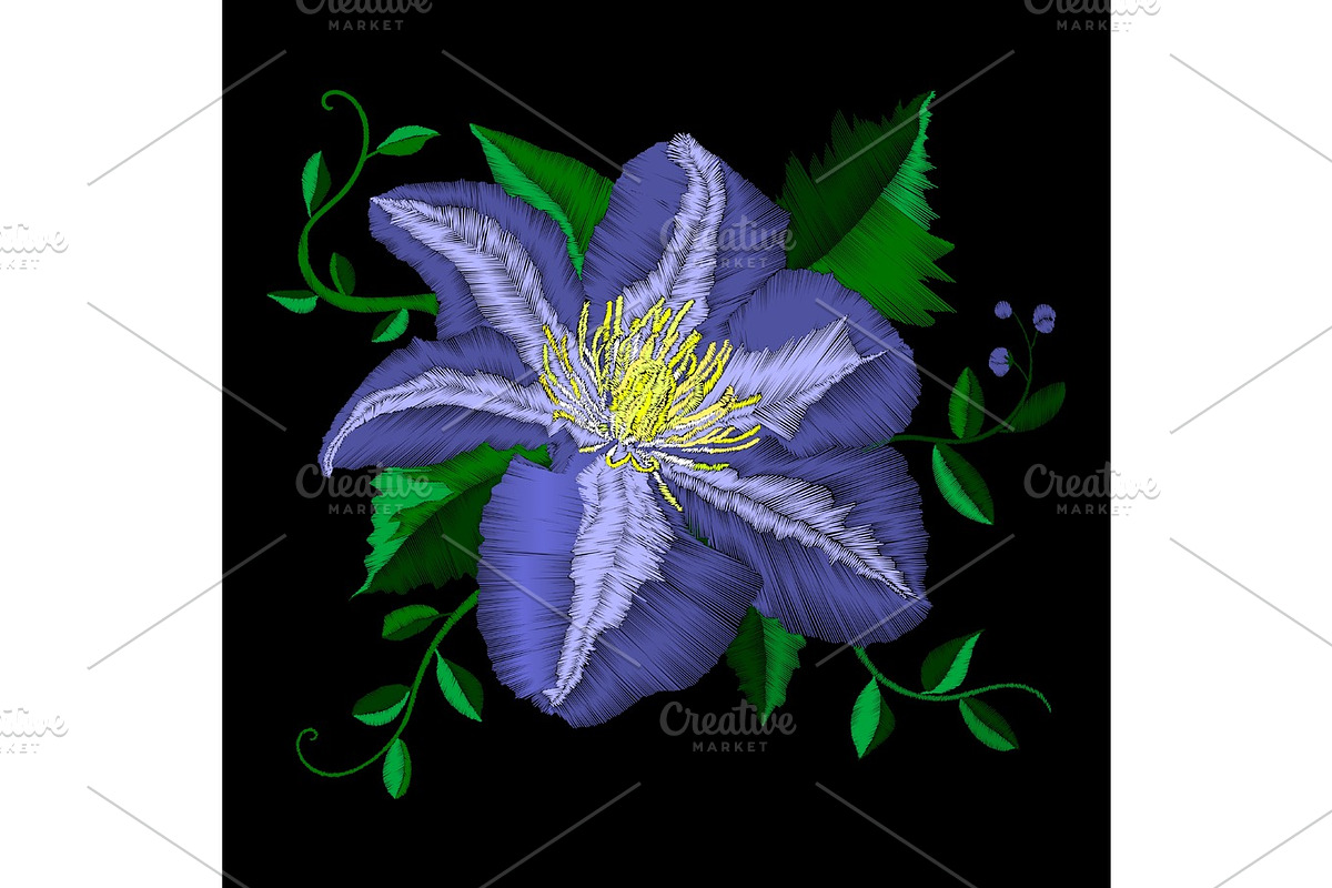 Embroidery blue flower angle pattern. Vector traditional folk blue clematis on black background for clothing design in Illustrations - product preview 8