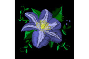 Embroidery blue flower angle pattern. Vector traditional folk blue clematis on black background for clothing design