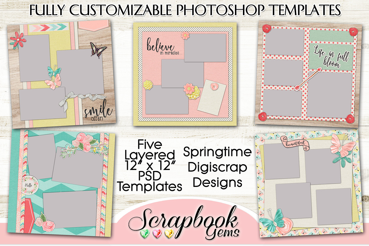 5 Layered Spring Scrapbook Templates in Templates - product preview 8