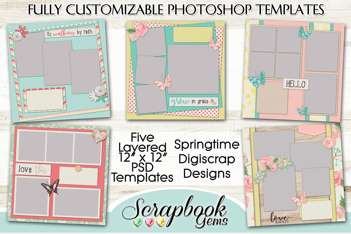5 Layered Spring Scrapbook Templates in Templates - product preview 8