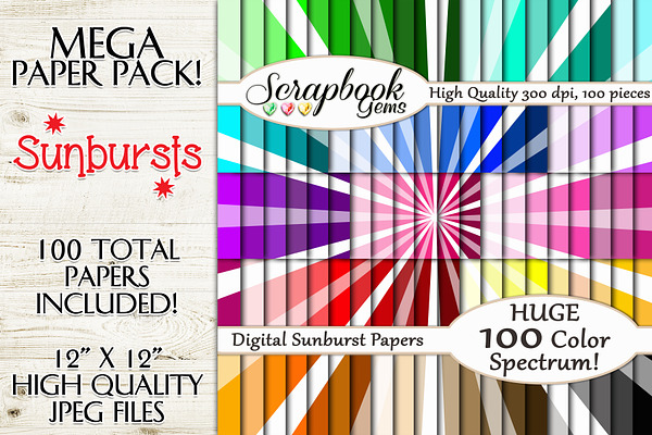 100 Colors Sunburst Pattern Papers