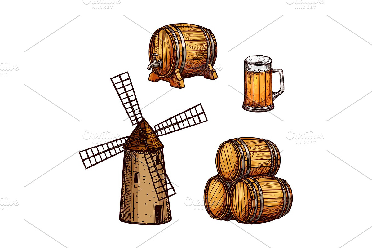 Beer drink isolated sketch set with glass, barrel in Objects - product preview 8