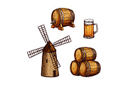Beer drink isolated sketch set with glass, barrel