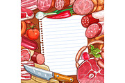 Meat and sausages with recipe or menu blank paper