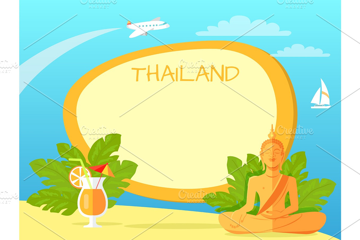 Thailand Isle with Buddha Statue and Cocktail in Illustrations - product preview 8