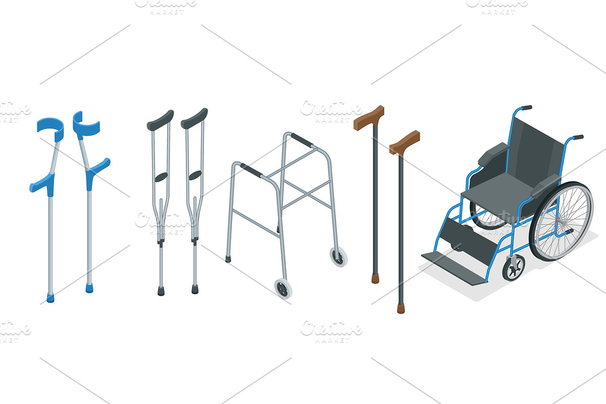 Isometric set of mobility aids including a wheelchair, walker, crutches, quad cane, and forearm crutches. Vector illustration. Health care concept. in Objects - product preview 8