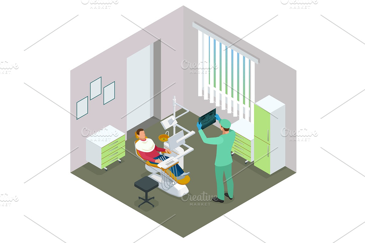 Isometric Modern dental practice. Dental chair and other accessories used by dentists in blue, medic, reception, detail dental panoramic radiograph equipment. Flat vector concept in Illustrations - product preview 8