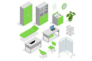 Isometric set of Hospital equipment and furniture. Flat icons isolated vector illustration equipment with scanner monitor and operation table
