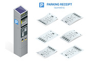 Isometric set of Parking tickets and carking meter. Flat illustration icon for web