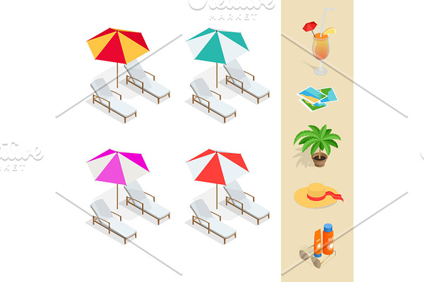 Isometric Beach icon set. Flat 3d vector illustration.