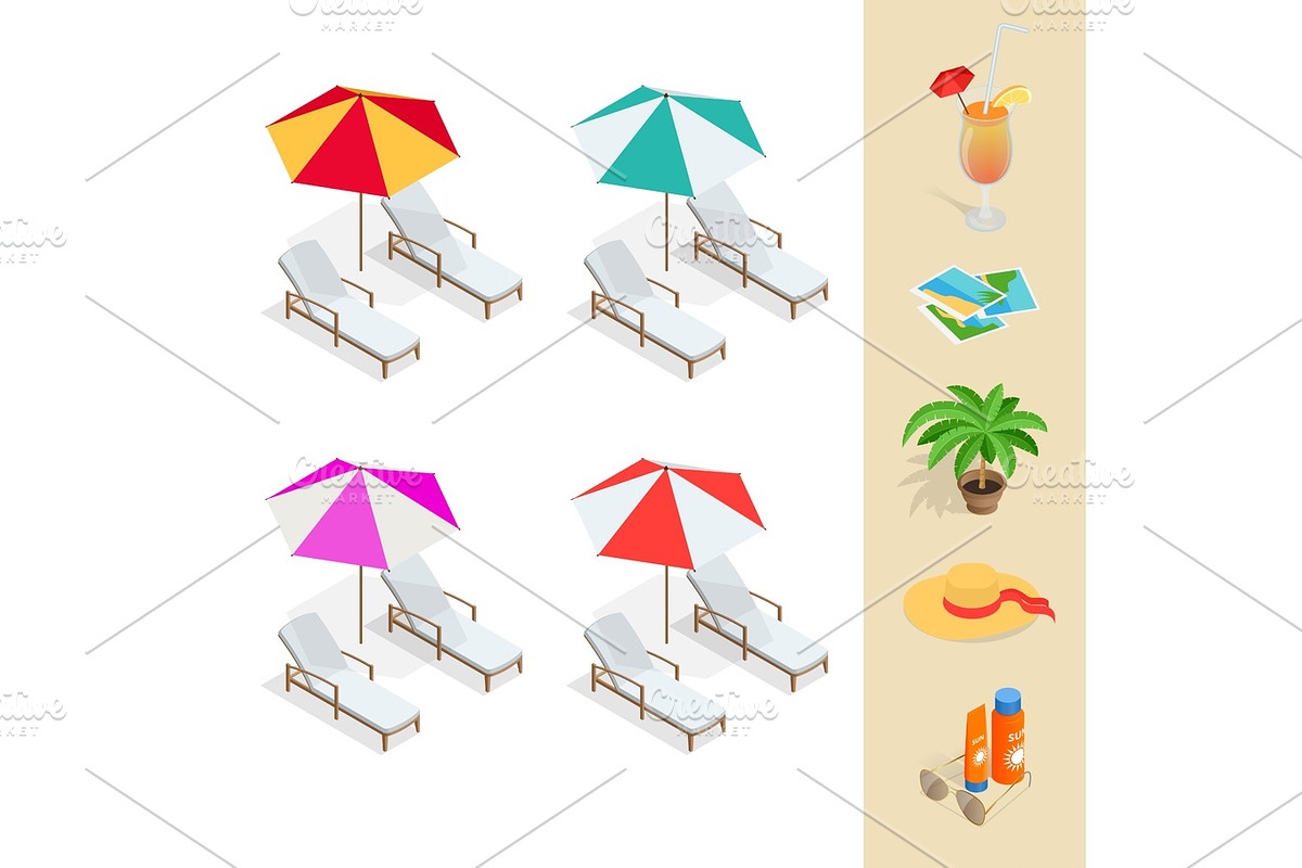 Isometric Beach icon set. Flat 3d vector illustration. in Objects - product preview 8