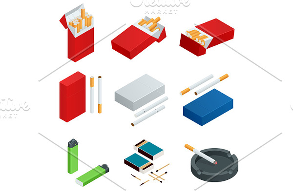 Isometric Box of matches, Lighters, cigarettes pack