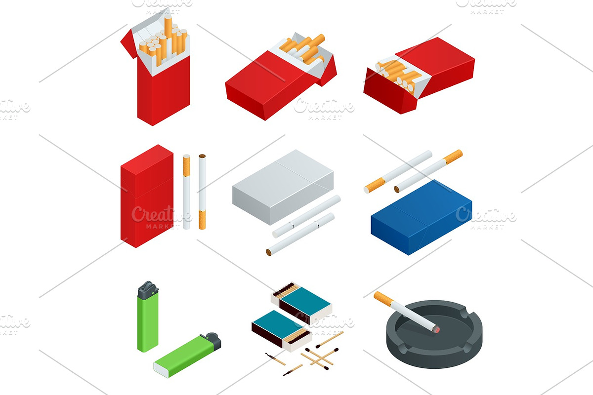 Isometric Box of matches, Lighters, cigarettes pack in Objects - product preview 8