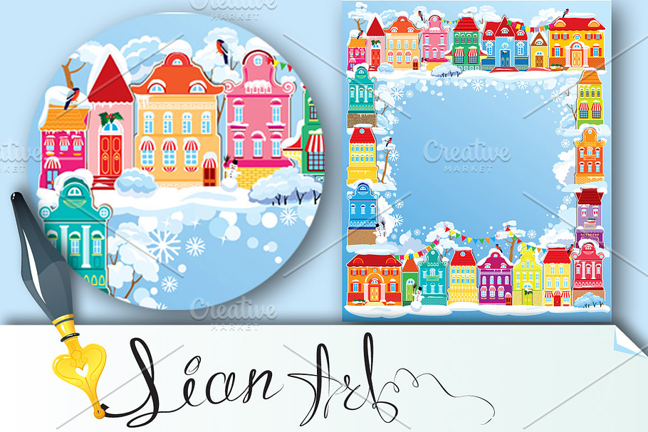 Frame with decorative colorful house in Illustrations - product preview 8