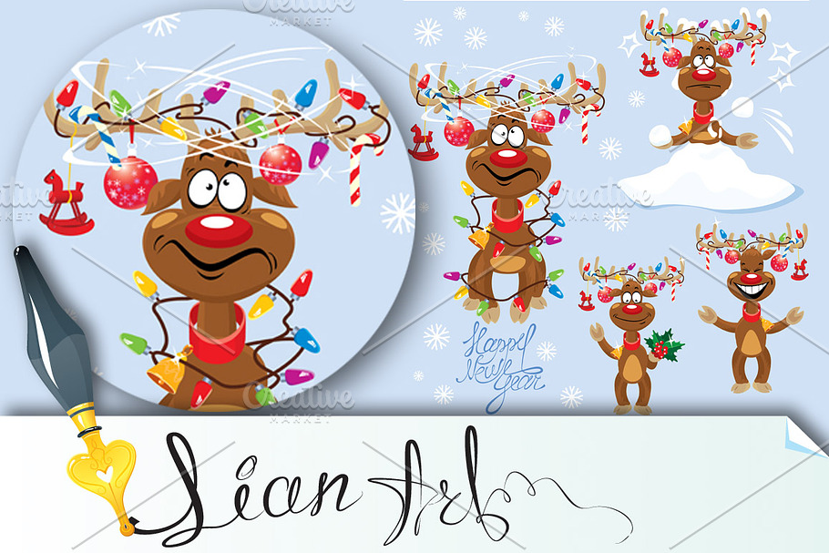 Set of four funny rein deers in Illustrations - product preview 8