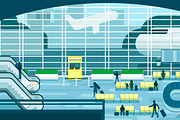 Business people sitting and walking in airport terminal, business travel concept. Flat design illustration.